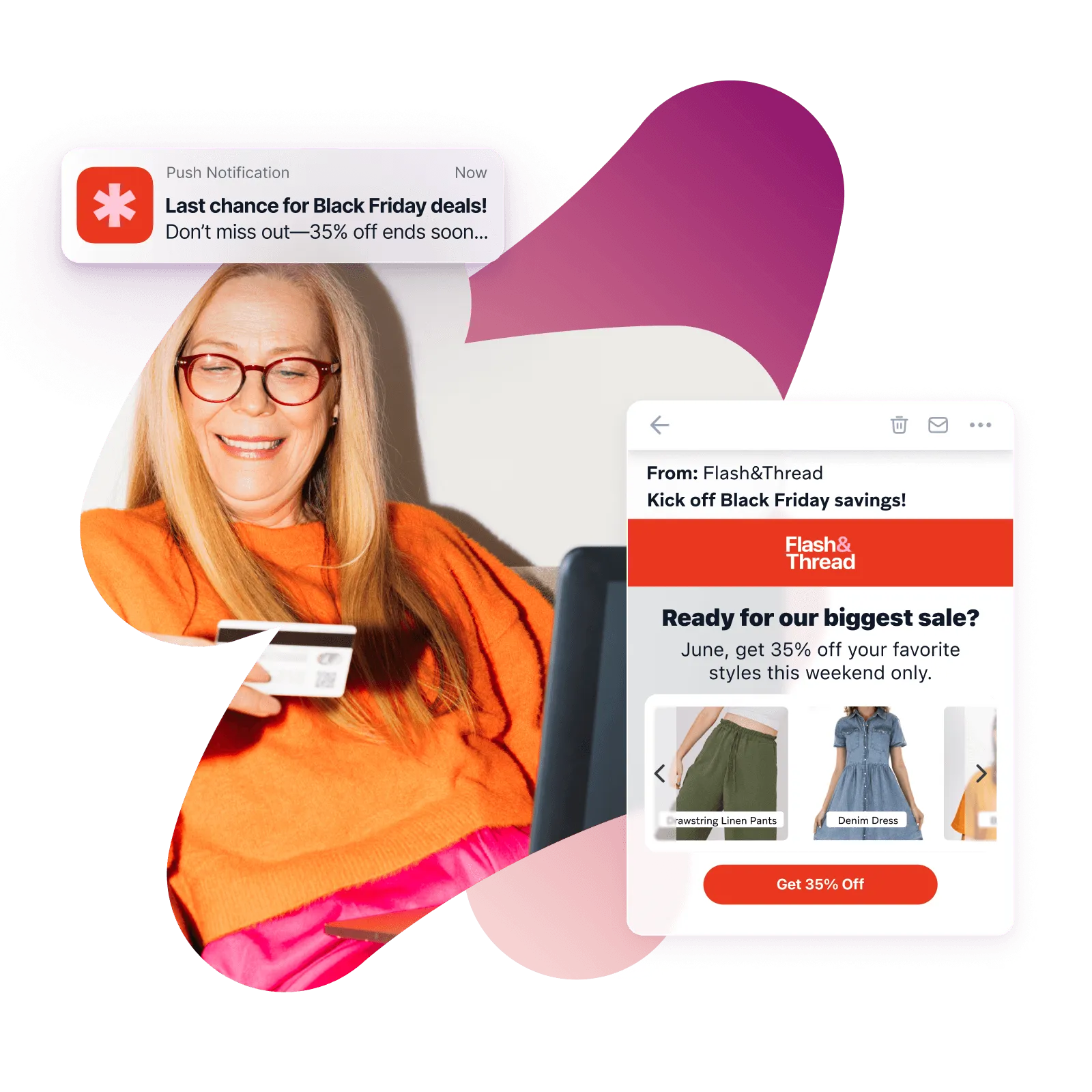 Black Friday marketing example — push notification and email promoting 35% off sale.